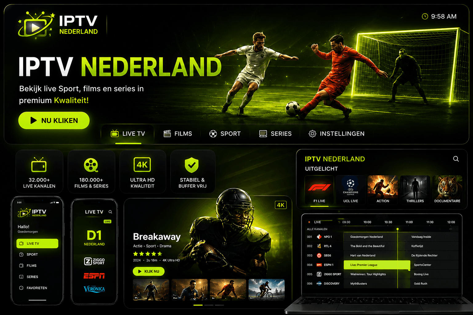IPTV Nederland streaming op Smart TV, smartphone, tablet en laptop — premium 4K abonnement met Nederlandse zenders